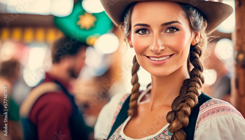 A classic portrayal of a woman in traditional Octoberfest attire raising a beer in Munich's beer garden