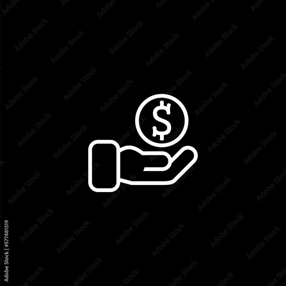 Hand with Dollar Coin line icon isolated on black background. Hand with Dollar Coin line icon isolated on black background.