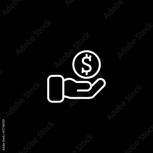 Hand with Dollar Coin line icon isolated on black background.