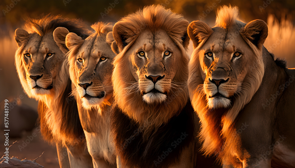 Group of lions side view looking at camera hyper realistic generative ai