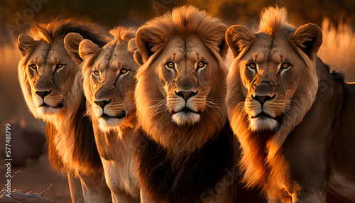 Group of lions side view looking at camera hyper realistic generative ai © Artistic