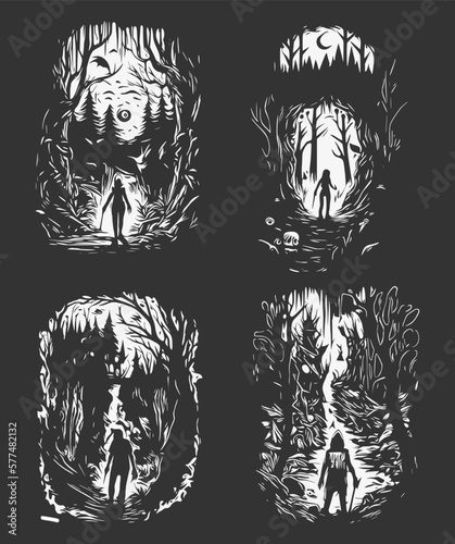 Mysterious forest background, for halloween. Silhouette Dark Forest
