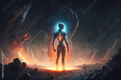 A humanoid figure made of light standing on the infront of a glowing asteroid.