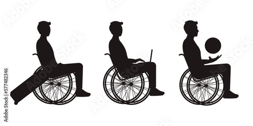 Silhouettes set of a man in a wheelchair, a man with a laptop, a man with a suitcase, a man with a ball. 