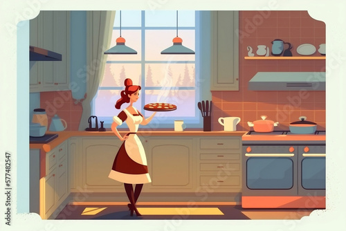 Simple illustration of woman baking a cake in her kitchen.