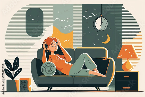 Simple illustration of woman laying on couch and listening to music.