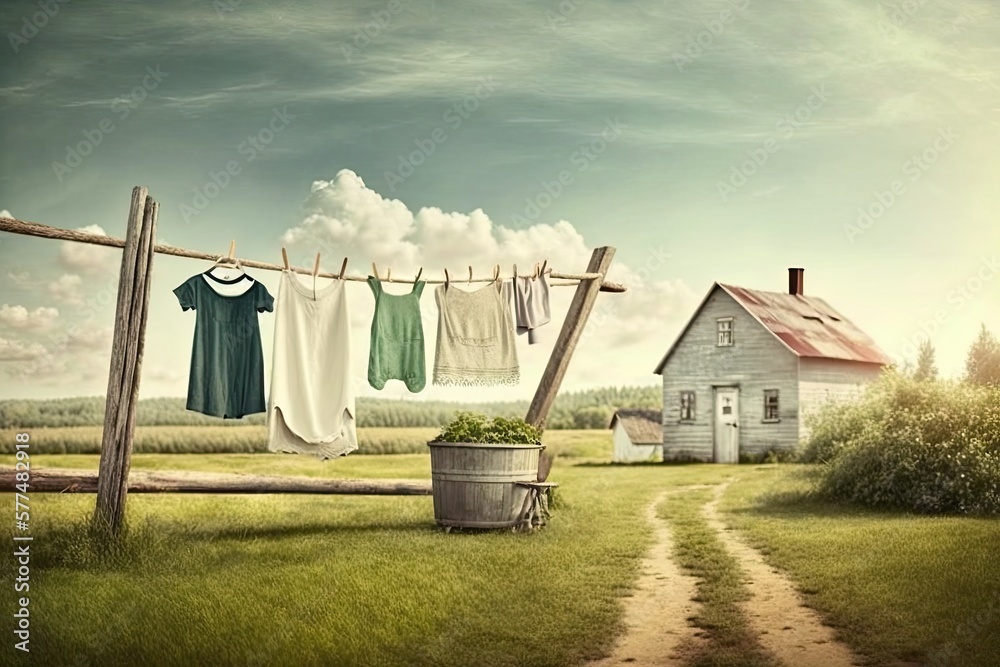 clothesline outdoor on large farm with laundry in form of clothes