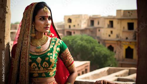 Serene Indian Woman in Colorful Traditional Lehenga Choli - Cultural Fashion Portrait (created with Generative AI) photo