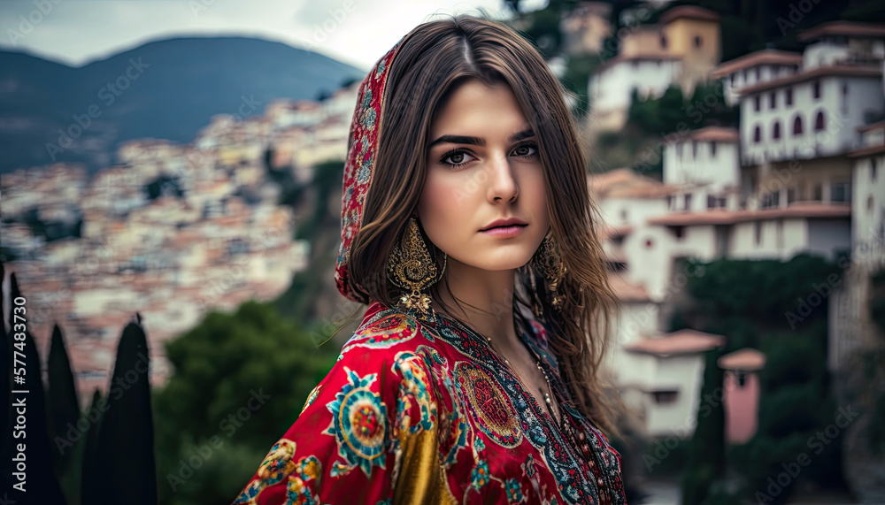 Elegant Turkish Woman in Colorful Traditional Kaftan - Cultural Attire Portrait (created with Generative AI)