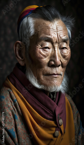 Serene Bhutanese Senior in Colorful Traditional Gho - Cultural Attire Portrait (created with Generative AI)