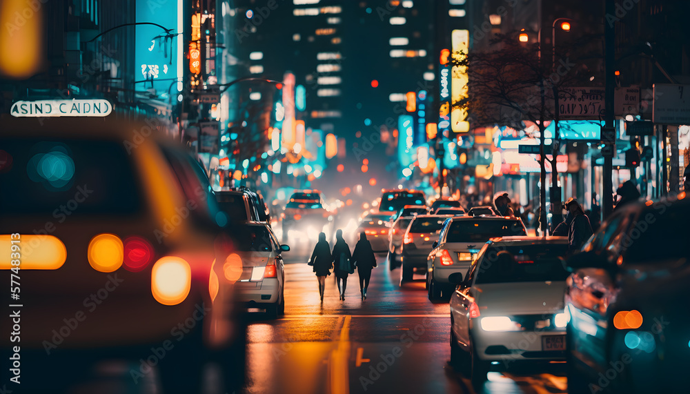 A bustling city street at night, alive with vibrant colors and neon lights generative ai A bustling city street at night, alive with vibrant colors and neon lights generative ai