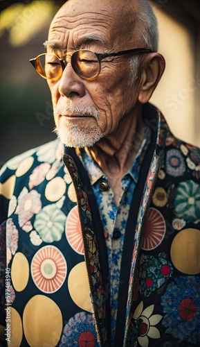 Elderly Japanese Man in Colorful Traditional Happi Coat - Cultural Fashion Portrait (created with Generative AI)