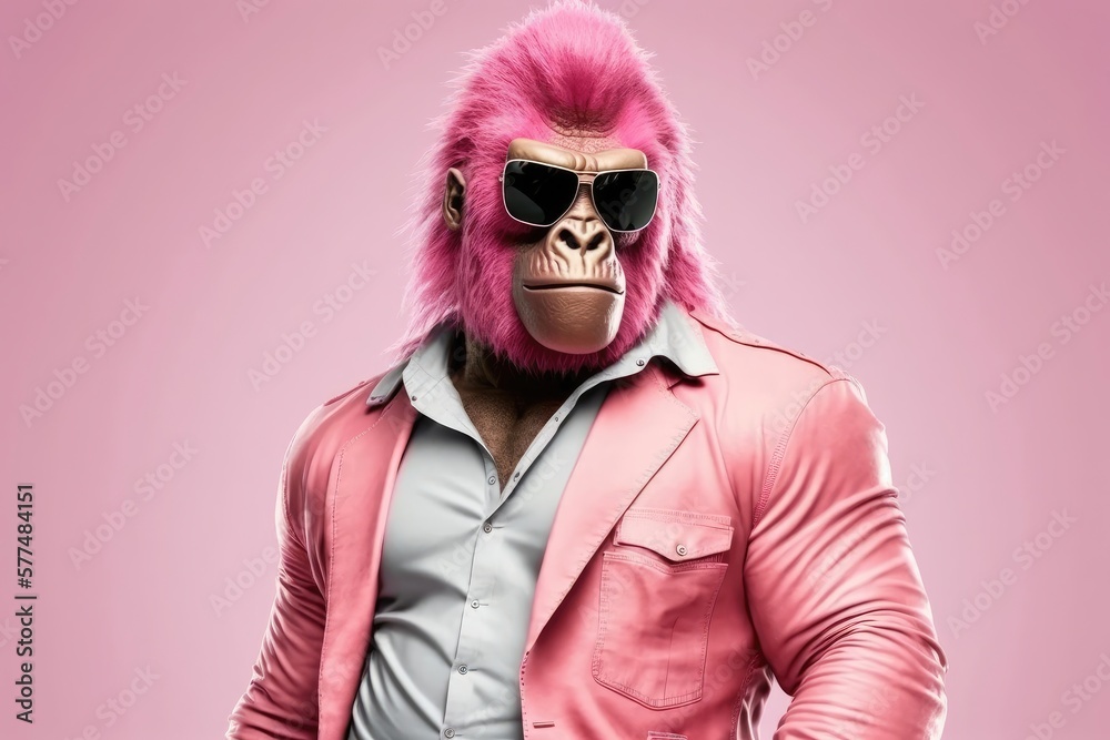 Pink gorilla with sunglasses. Generative AI Pink gorilla with sunglasses. Generative AI