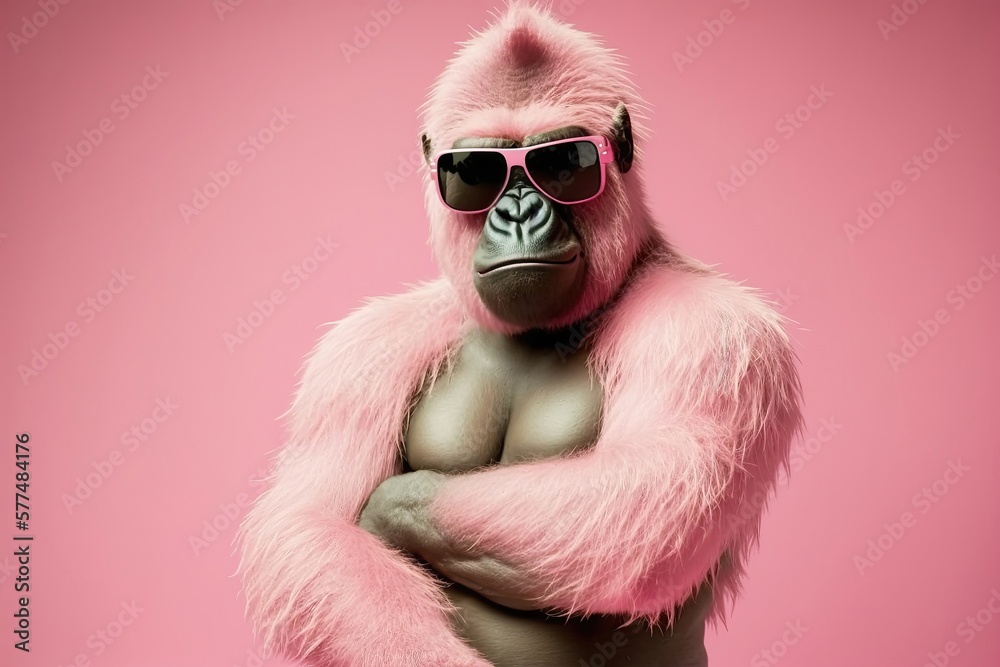 Pink gorilla with sunglasses. Generative AI Stock Illustration Adobe