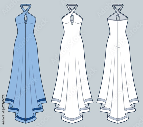 Halter Dress technical fashion illustration, blue design. Maxi Dress fashion flat technical drawing template, zip-up, asymmetric bottom, front and back view, white color, women CAD mockup set.
