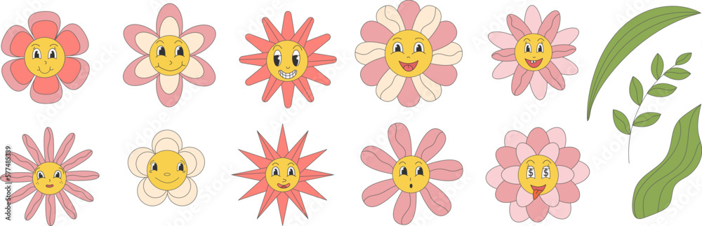 Groovy daisy flowers with cartoon funny smiling faces, chamomile characters. Cute camomile happy emotion. Illustration of smile floral flower, bloom camomile Groovy daisy flowers with cartoon funny smiling faces, chamomile characters. Cute camomile happy emotion. Illustration of smile floral flower, bloom camomile