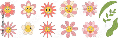 Groovy daisy flowers with cartoon funny smiling faces, chamomile characters. Cute camomile happy emotion. Illustration of smile floral flower, bloom camomile