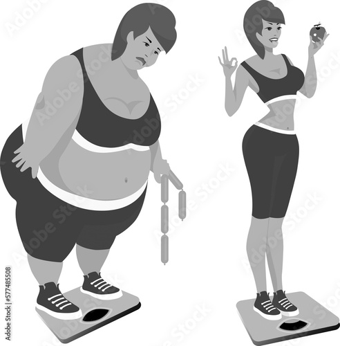 The girl before the diet is fat and sad  the girl eating healthy food is cheerful and slim. Cartoon..