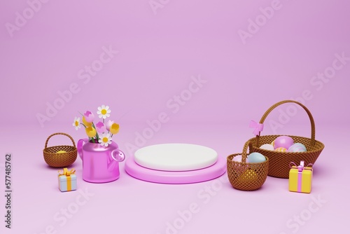 Easter cute baskets, eggs and flowers on light pink background. 3d rendering