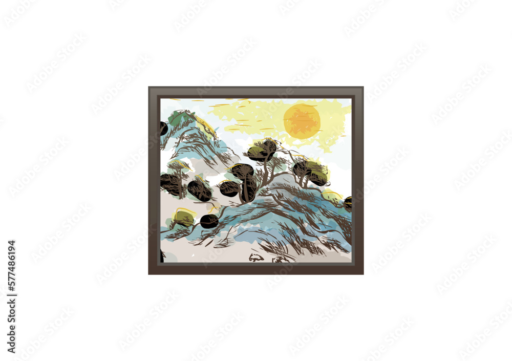 Landscape painting with a wooden frame, vector illustration