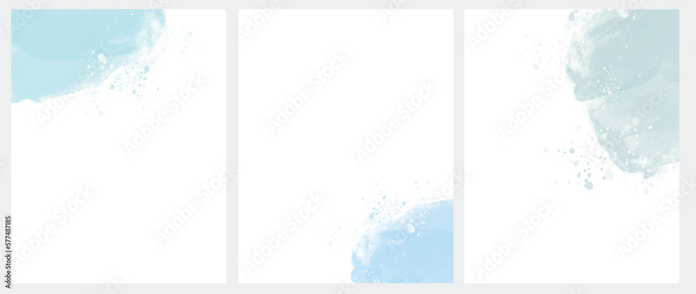 Set of 3 Delicate Abstract Watercolor Style Vector Layouts. Light Blue and Pale Mint Blue Paint Stains on a White Background. Pastel Color Stains and Splatter Print Set.	