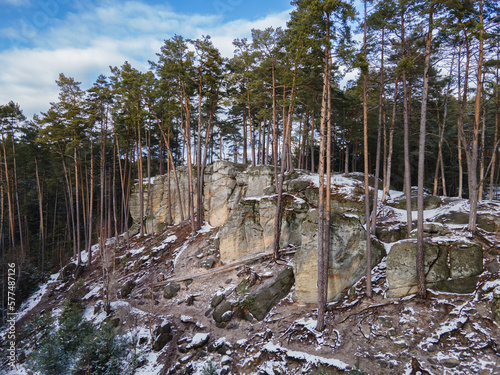 A winter aerial view of Toulovcovy Mastale rocks. Budislav, Czechia photo