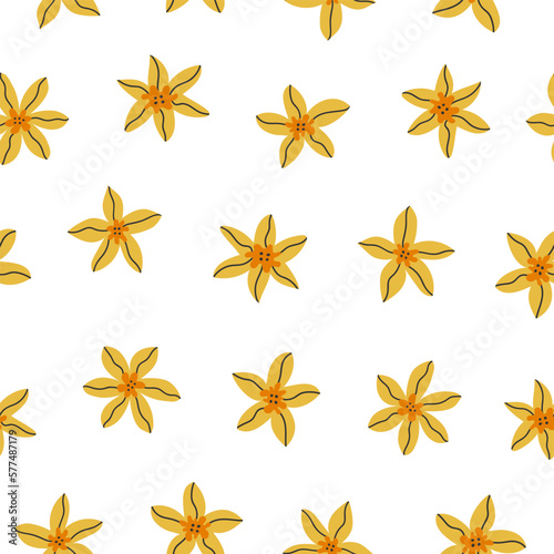 Hand drawn cute spring botany seamless pattern of narcissus. Flat vector Easter abstract print design in colorful doodle style. Repeated background with flower field  wrapping or wallpaper.