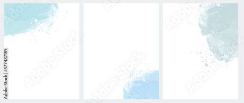 Set of 3 Delicate Abstract Watercolor Style Vector Layouts. Light Blue and Pale Mint Blue Paint Stains on a White Background. Pastel Color Stains and Splatter Print Set. 