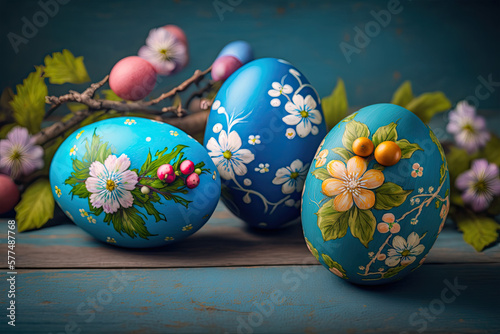 Beautiful colorful easter eggs on blue wooden Background  Generative AI  holiday eggs  spring decorations  
