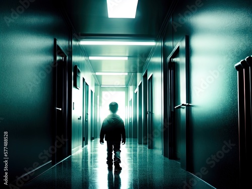 A hallway with a bright light at the end. Spooky horror scene. 