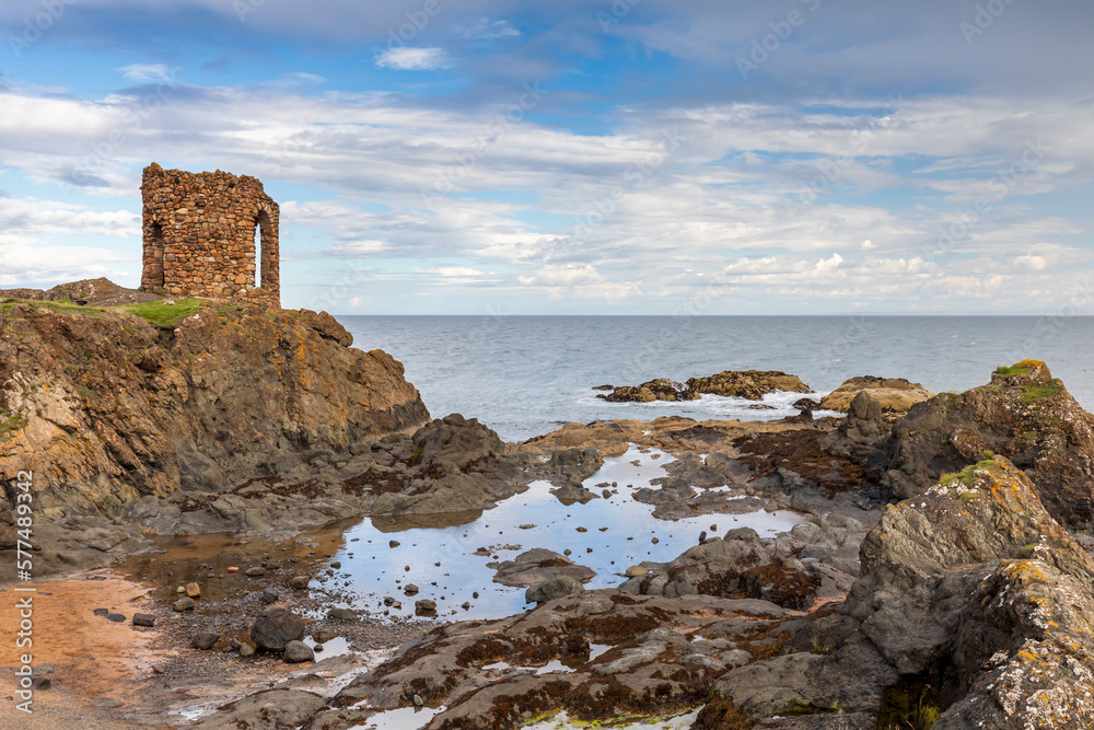 Ancient ruins of Lady Janet Anstruther's Tower near village of Elie, Fife, Scotland. The tower was built in 1770. Also known as Lady's Tower Ancient ruins of Lady Janet Anstruther's Tower near village of Elie, Fife, Scotland. The tower was built in 1770. Also known as Lady's Tower