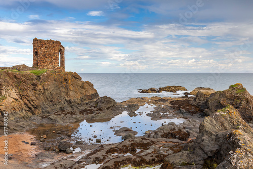 Ancient ruins of Lady Janet Anstruther's Tower near village of Elie, Fife, Scotland. The tower was built in 1770. Also known as Lady's Tower