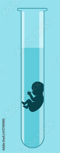 A human fetus is seen inside a test tube in a vector image.
