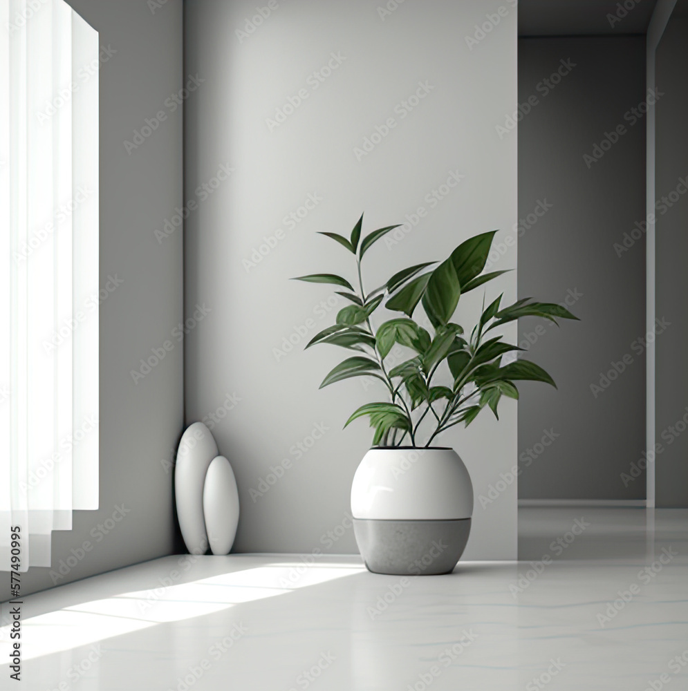 This picture depicts a modern minimalist interior with a plant in a fashionable vase against a white background, giving it a fresh and cozy look. This picture depicts a modern minimalist interior with a plant in a fashionable vase against a white background, giving it a fresh and cozy look.