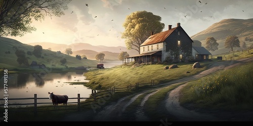tranquil and idyllic countryside scene featuring rolling hills grazing livestock and a picturesque barn or farmhouse, concept of Peaceful and Serene, created with Generative AI technology