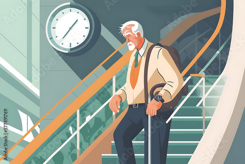 Flat vector illustration Elderly senior businessman looking at watch or fitness tracker while standing on escalator stairs. Mature old businessman in white shirt checking smartwatch... 