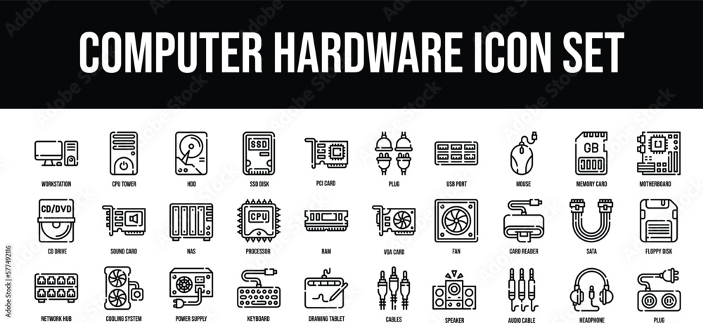 Thin line icons Perfect pixel Computer Hardware icon set