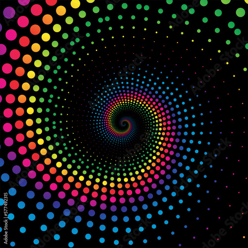 Rainbow dot circle spiral halftone on the black background. Vector illustration. 