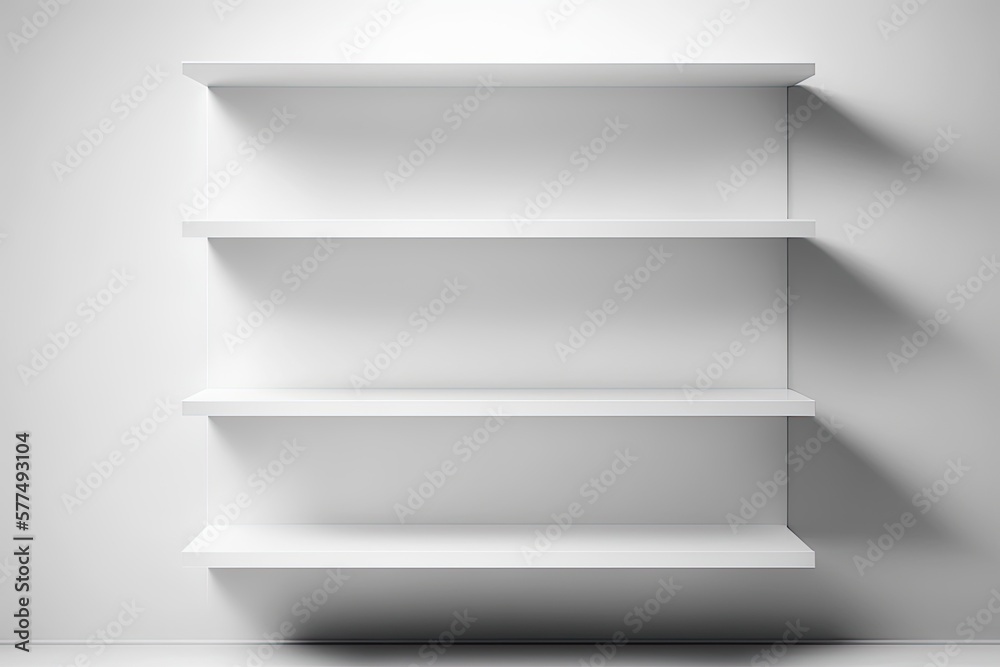 Front view of empty white shelves mounted on a white wall. Backdrop shelf for product display. . Generative AI Front view of empty white shelves mounted on a white wall. Backdrop shelf for product display. . Generative AI