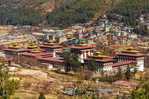 Aerial view of Tashichho Dzong with Thimphu city in background. photo