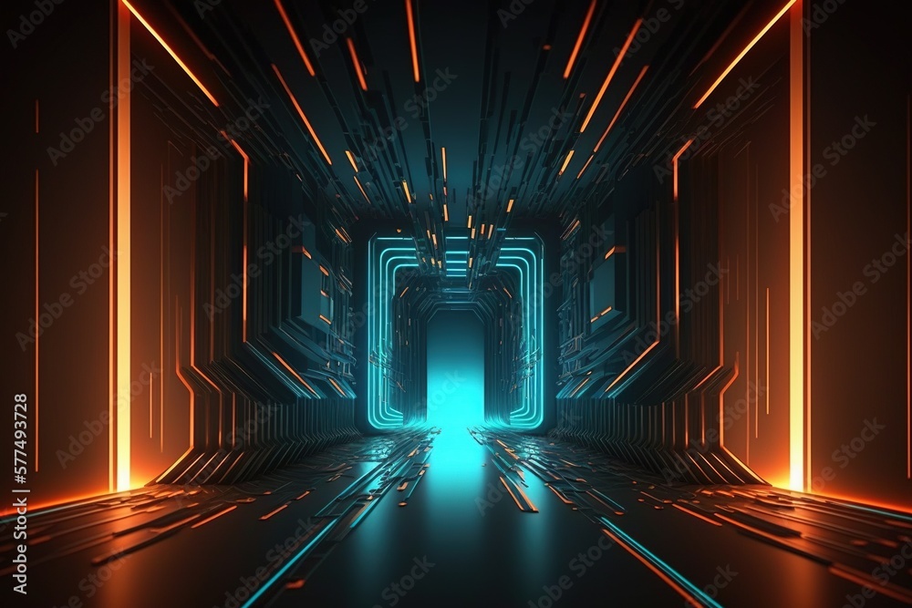 3d rendering neon light abstract ultraviolet background, dynamic glowing lines forming tunnel laser rays fashion background scene. Generative ai. - obrazy, fototapety, plakaty 