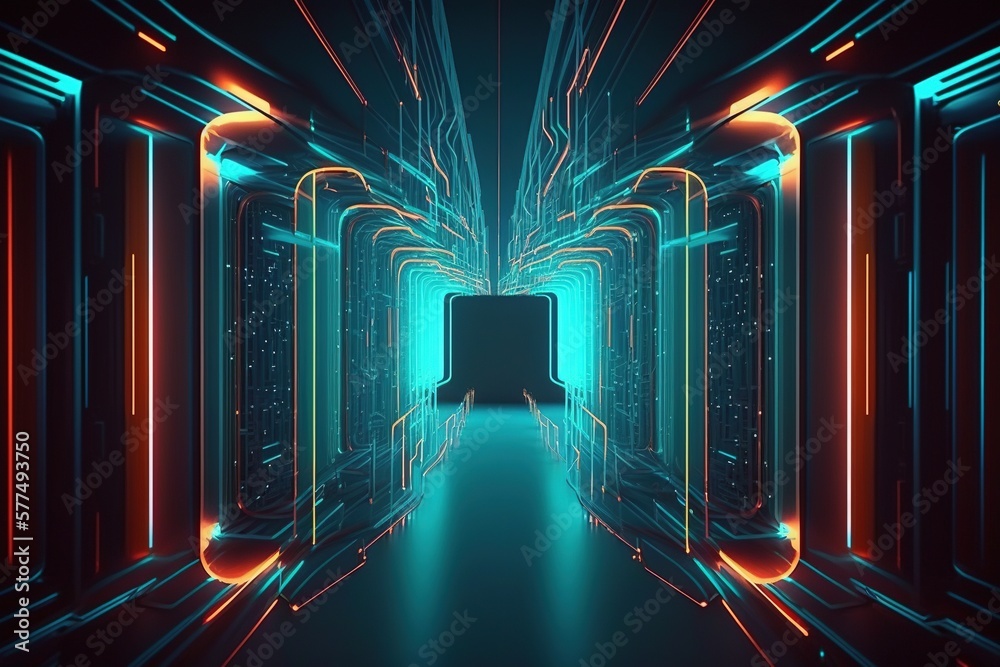 3d rendering neon light abstract ultraviolet background, dynamic glowing lines forming tunnel laser rays fashion background scene. Generative ai. - obrazy, fototapety, plakaty 