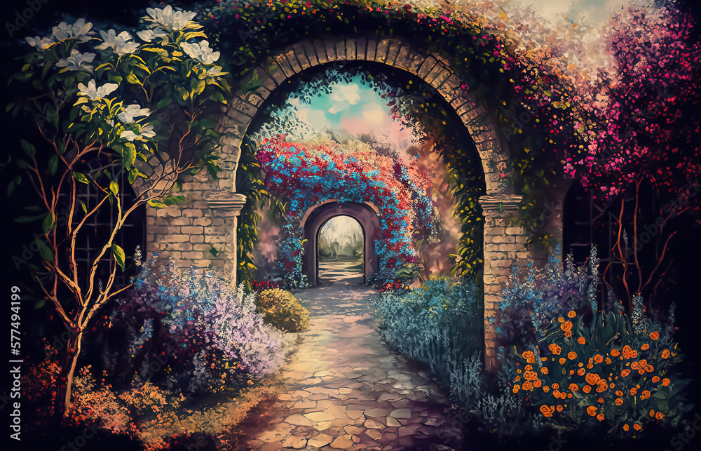 Dreamy impressionist garden with floral arch, vintage style, Generative Ai