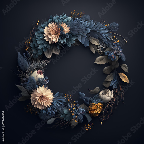 Floral composition, flower wreath on dark blue background, elegant style, with copy space, Generative Ai