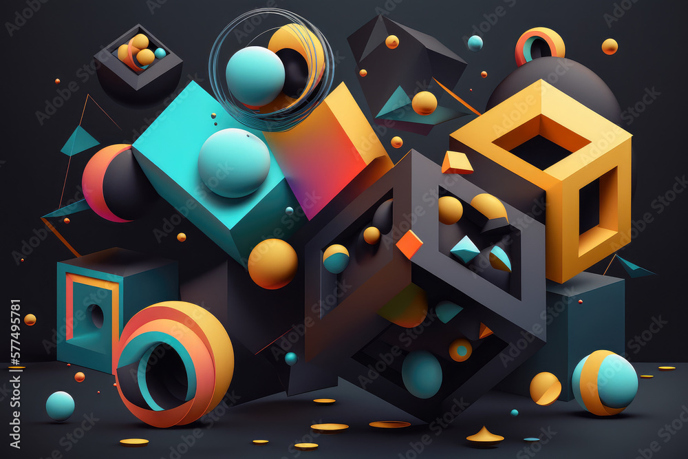 Abstract 3D geometric shapes floating in a dark space with a vibrant neon color palette and a futuristic feel, generative ai Abstract 3D geometric shapes floating in a dark space with a vibrant neon color palette and a futuristic feel, generative ai