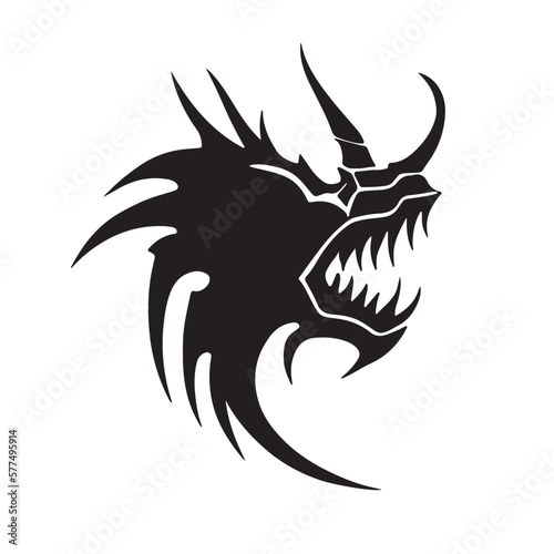 Abstract dragon head with open mouth closeup. Good for tattoo. Editable vector monochrome image with high details isolated on white background