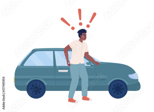 Shocked driver standing near automobile semi flat color vector character. Editable figure. Full body person on white. Simple cartoon style spot illustration for web graphic design and animation