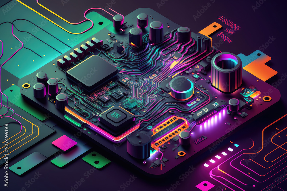 Abstract interpretation of a futuristic digital circuit board with neon colors and geometric shapes, generative ai