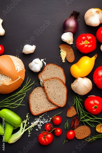 still life of food in a rural style on a dark wood background, rye bread and garlic, cheese, tomatoes and onion, concept of fresh vegetables and healthy food - generative ai