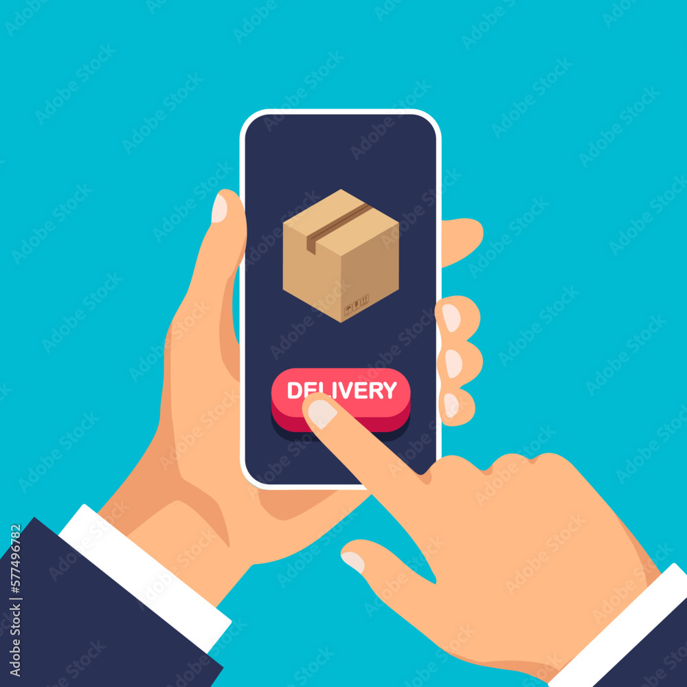 Parcel delivery service. Man use app and click on the phone. Vector illustration isolated. Parcel delivery service. Man use app and click on the phone. Vector illustration isolated.